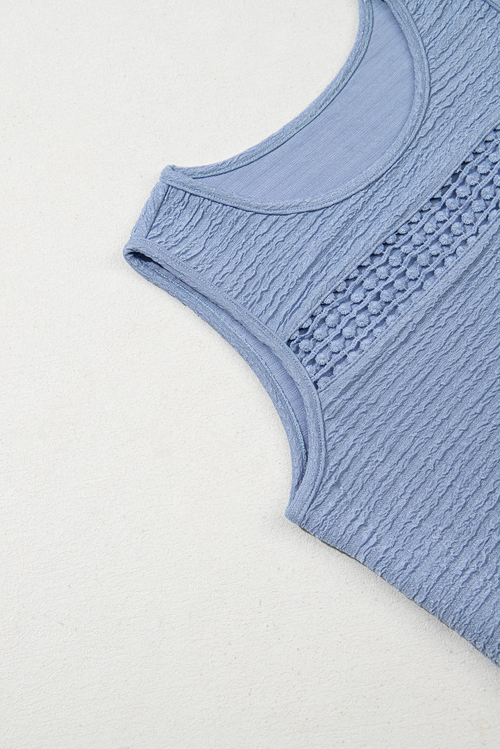 Beau Blue Solid Color Textured Lace Hollowed Detail Sleeveless Mini Dress