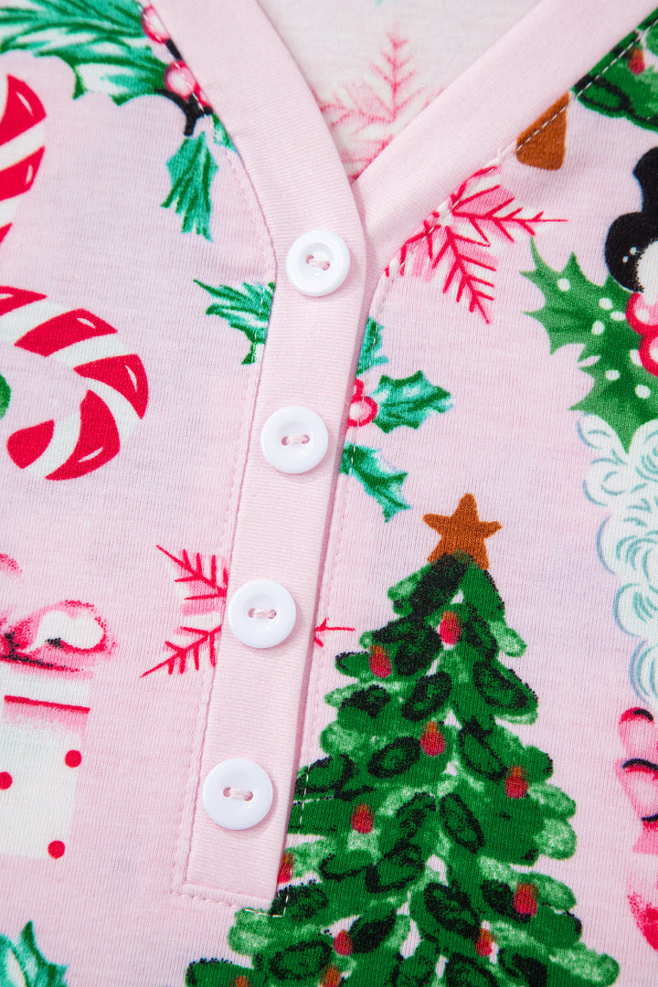Pink Christmas Pattern Button V Neck Pullover Drawstring Pants 2pcs Lounge Set