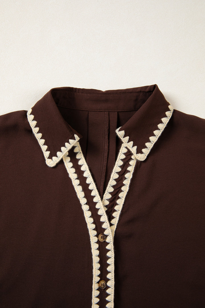 Coffee Shirt Collar Contrast Trim Button V Neck Short Sleeve Blouse