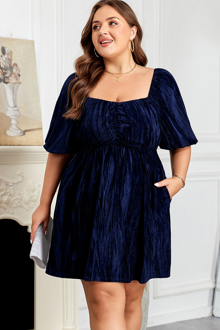 Navy Blue Velvet Ruched Bust Square Neck Short Sleeve Plus Dress