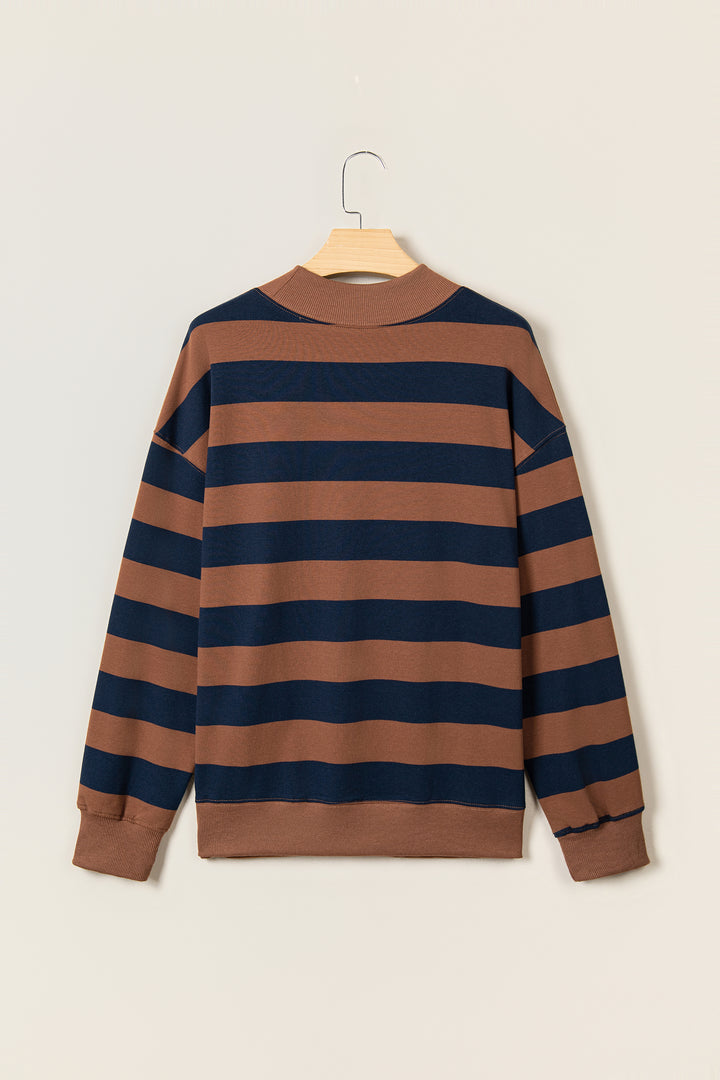 Brown Stripe Colorblock Mock Neck Relaxed Sweatshirt