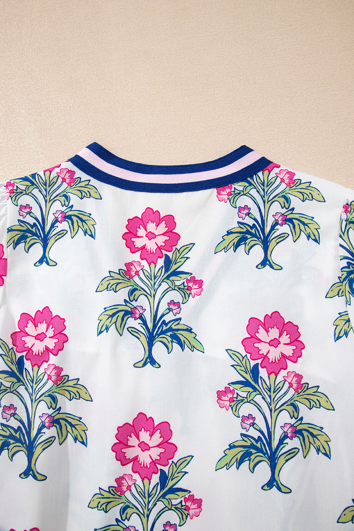 White Floral Print Striped V Neck Blouse