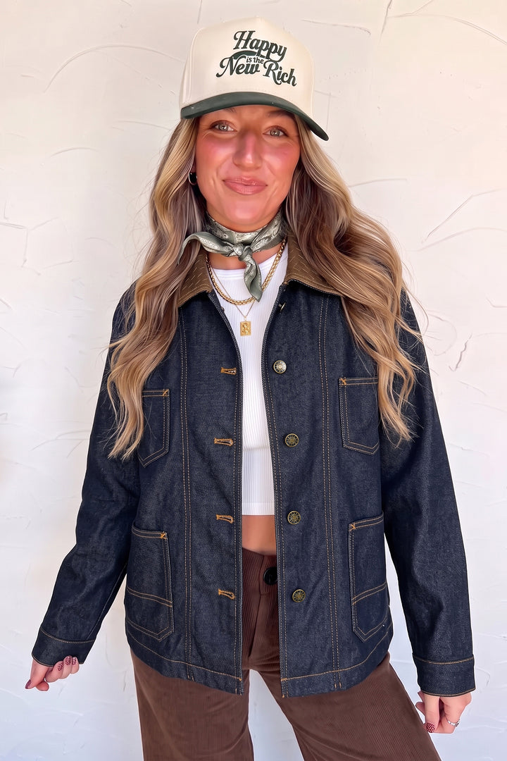 Navy Blue Contrast Collar Stitched Detail Button Denim Jacket