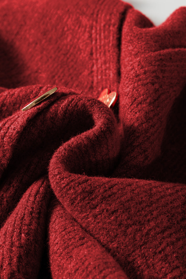 Fiery Red Heart Metal Button V Neck Wool Cardigan Sweater