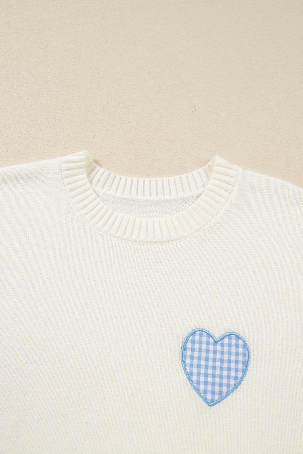 White Plaid Heart Embroidered Cuffed Drop Shoulder Crew Neck Sweater