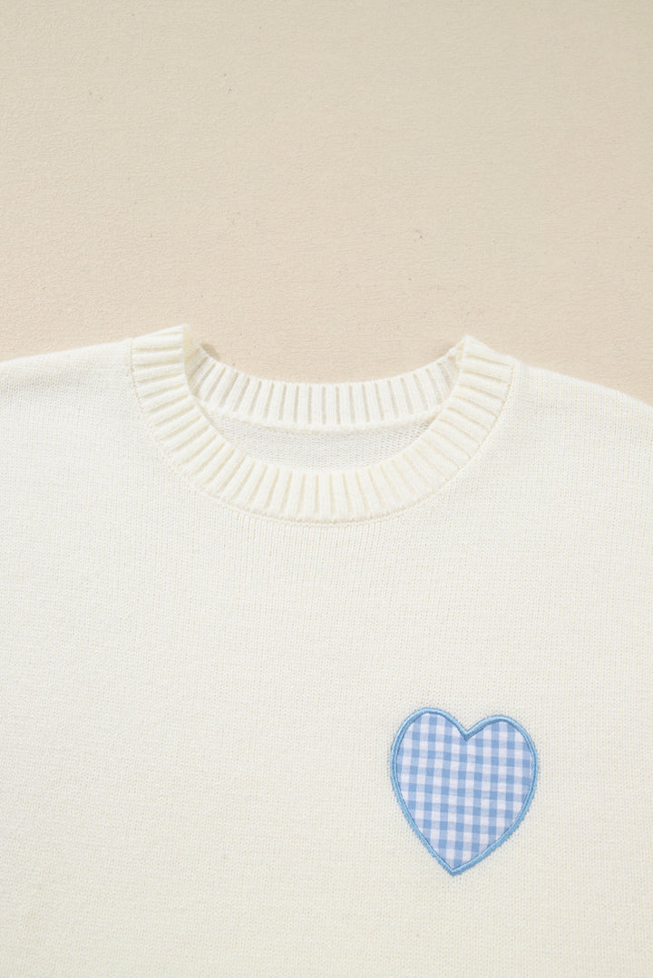 White Plaid Heart Embroidered Cuffed Drop Shoulder Crew Neck Sweater