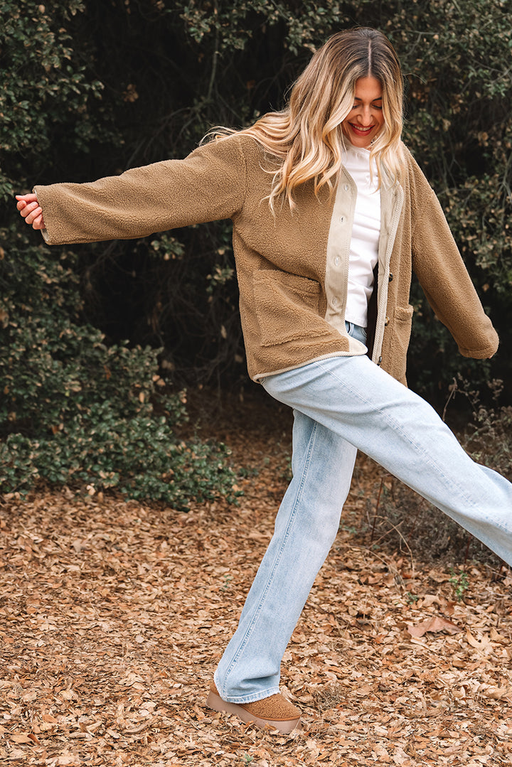 Light French Beige Puffy Plush Corduroy Edge Jacket with Big Pockets