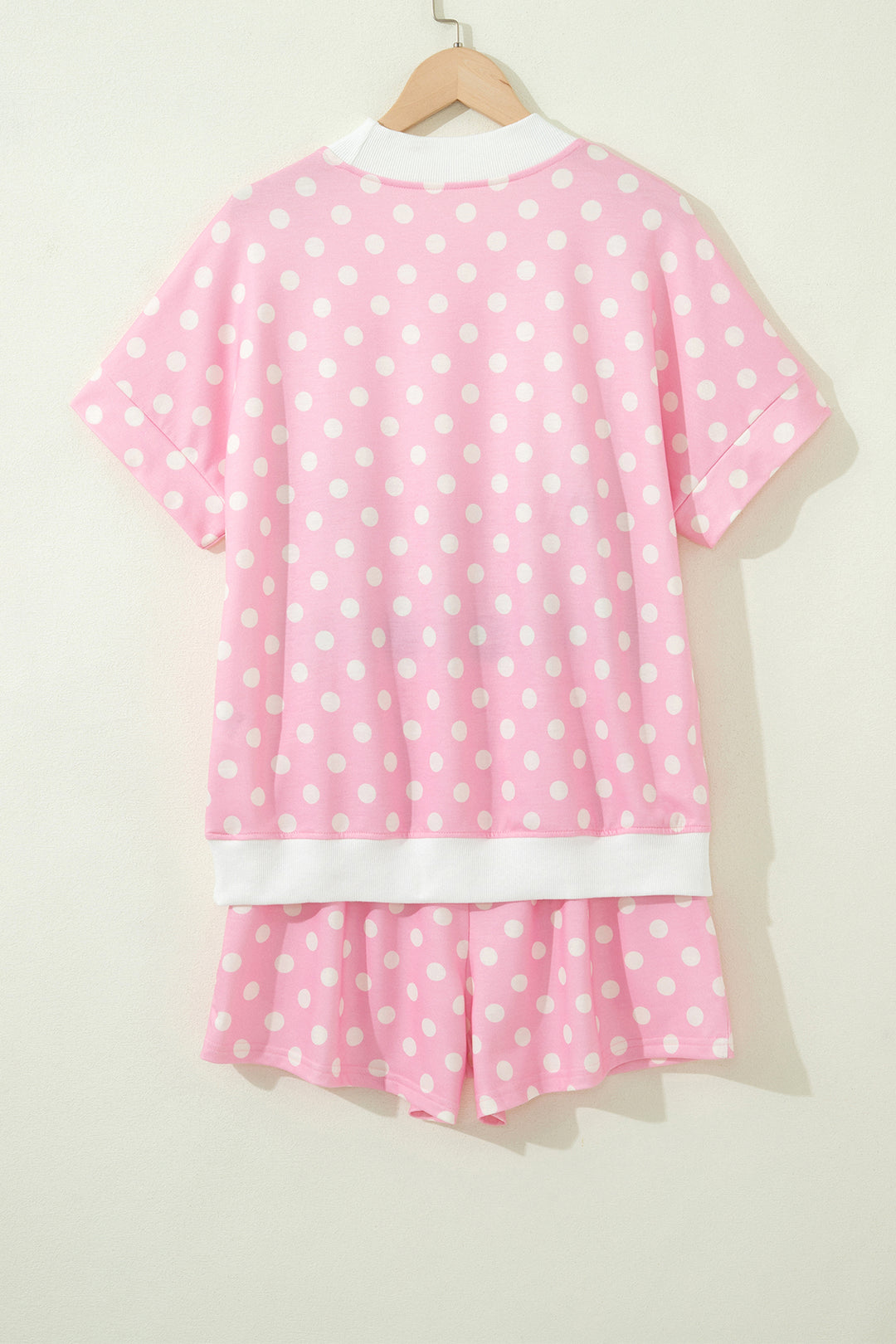 Pink Polka Dot Print Color Block Trim Mock Neck Short Set