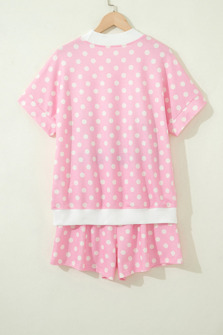 Pink Polka Dot Print Color Block Trim Mock Neck Short Set