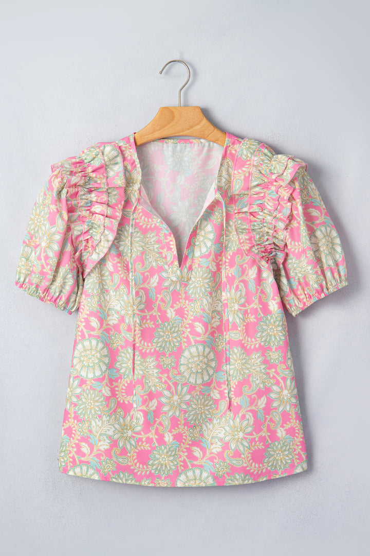 Pink Tie V Neck Floral Short Puff Sleeve Blouse