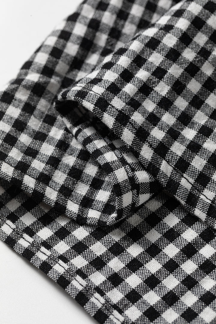 Black Plaid Shirred Cuff Long Sleeve Round Neck Blouse