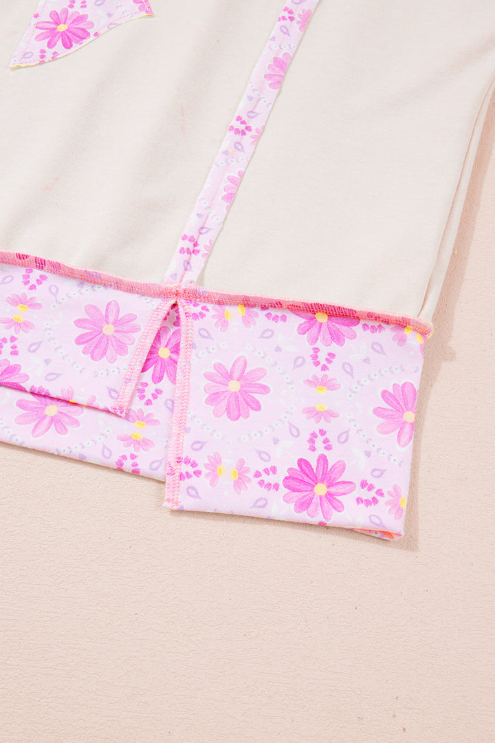 Apricot Daisy Floral Bow Contrast Patchwork Loose T Shirt