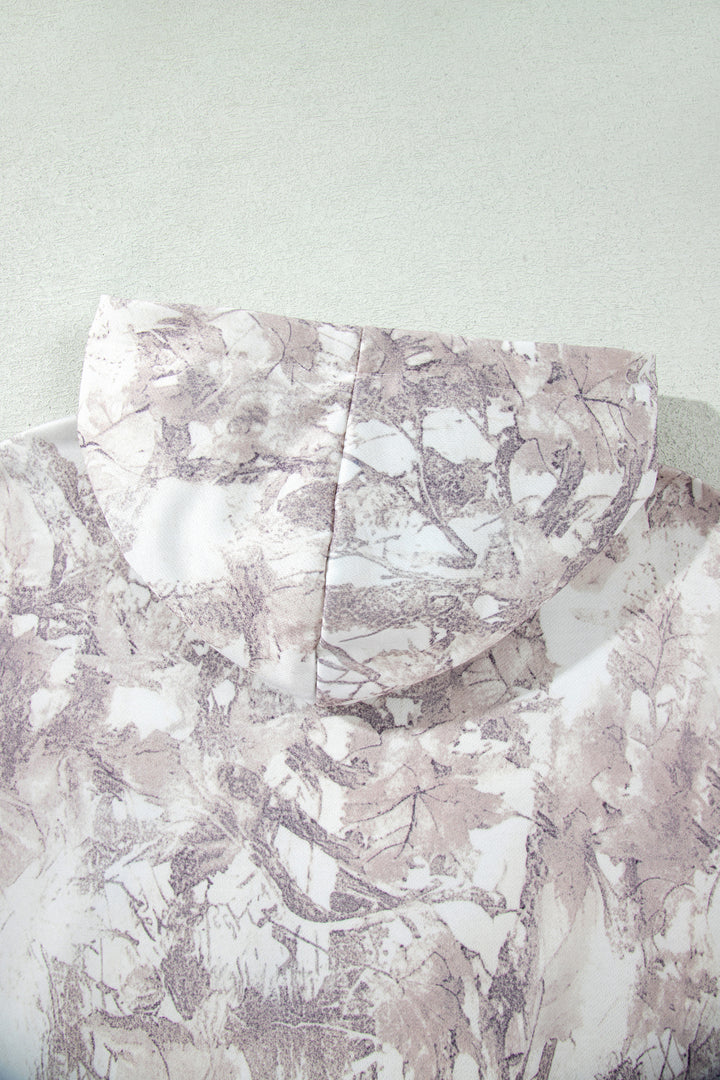 Gray Abstract Print Ribbed Cuffs Hem Long Sleeve Hoodie