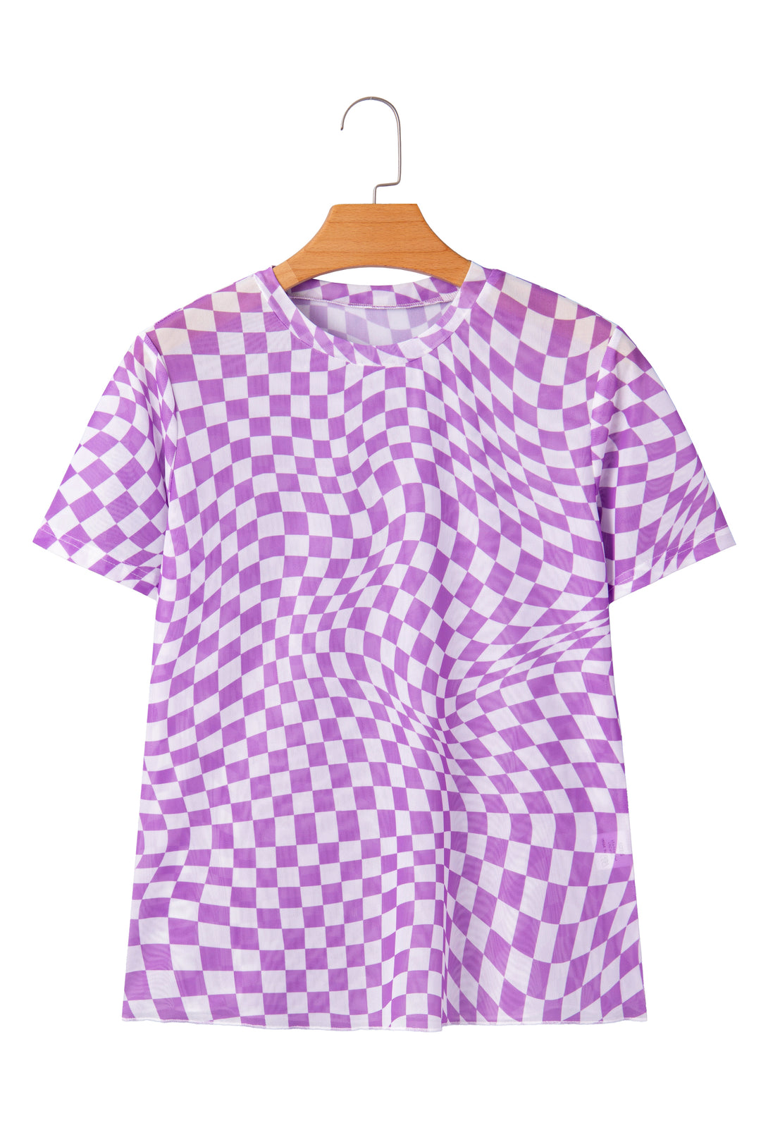 Checkered Print Crew Neck Mesh T Shirt