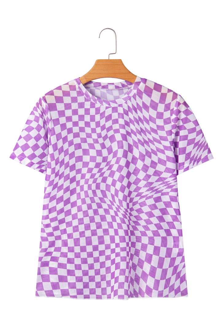 Checkered Print Crew Neck Mesh T Shirt