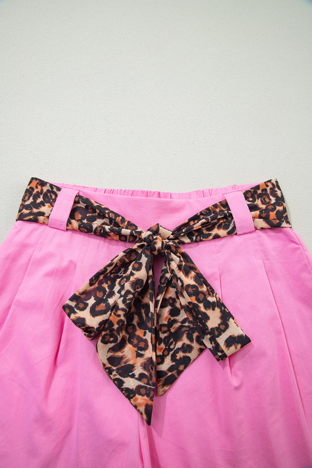 Bright Pink Leopard Contrast Sash Belt Pleated Wide Leg Shorts