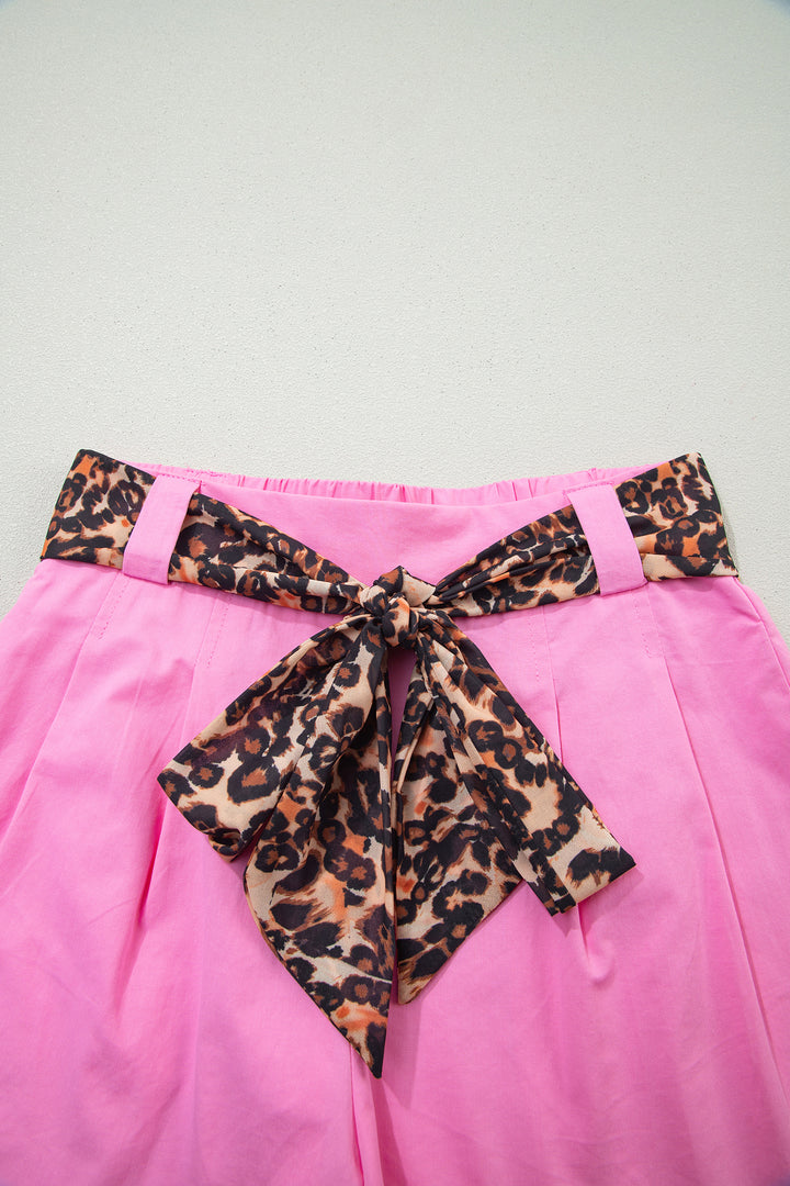 Bright Pink Leopard Contrast Sash Belt Pleated Wide Leg Shorts
