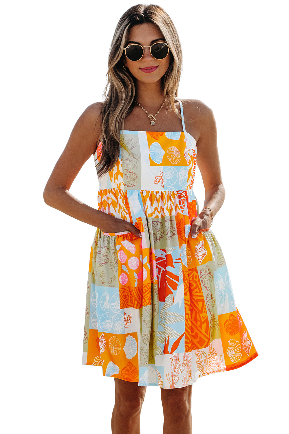 Seashell Patchwork Print Self-tie Flowy Sundress