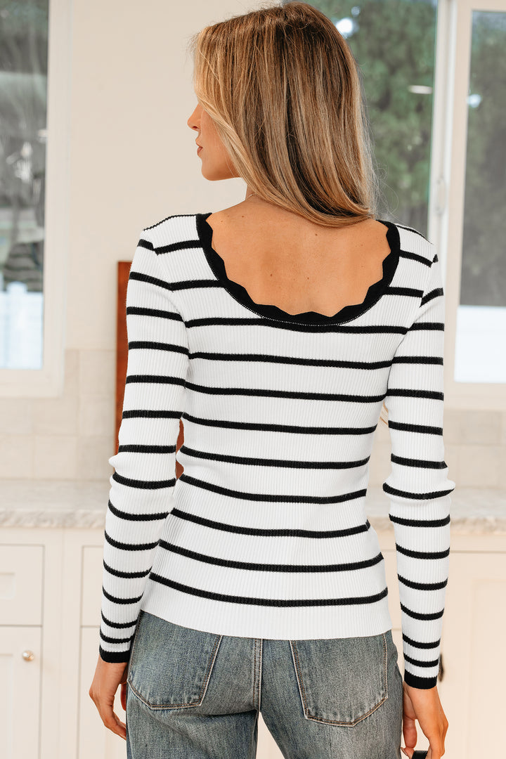 Scalloped Trim U Neck Striped Ribbed Slim Sweater