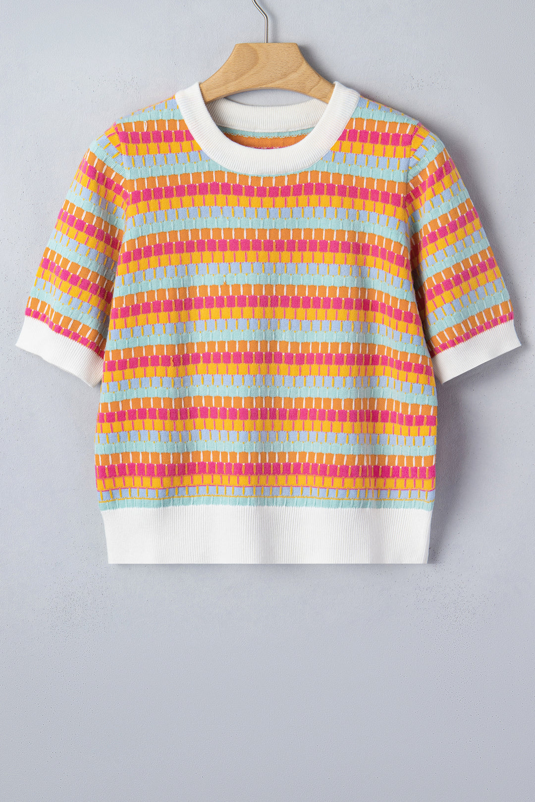 Orange Abstract Striped Knit Short Sleeve Sweater