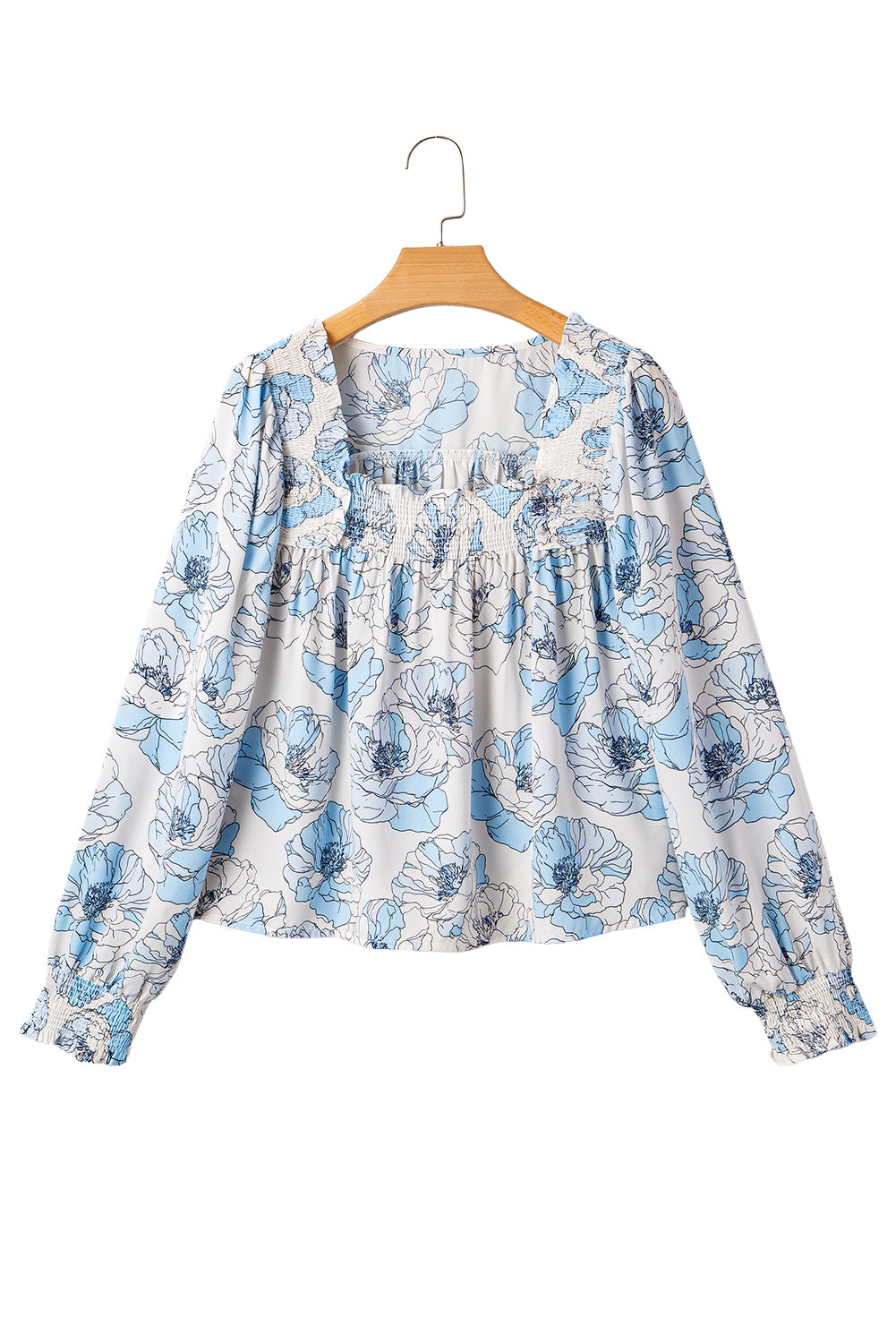 Floral Print Frilly Smocked Square Neck Long Sleeve Blouse
