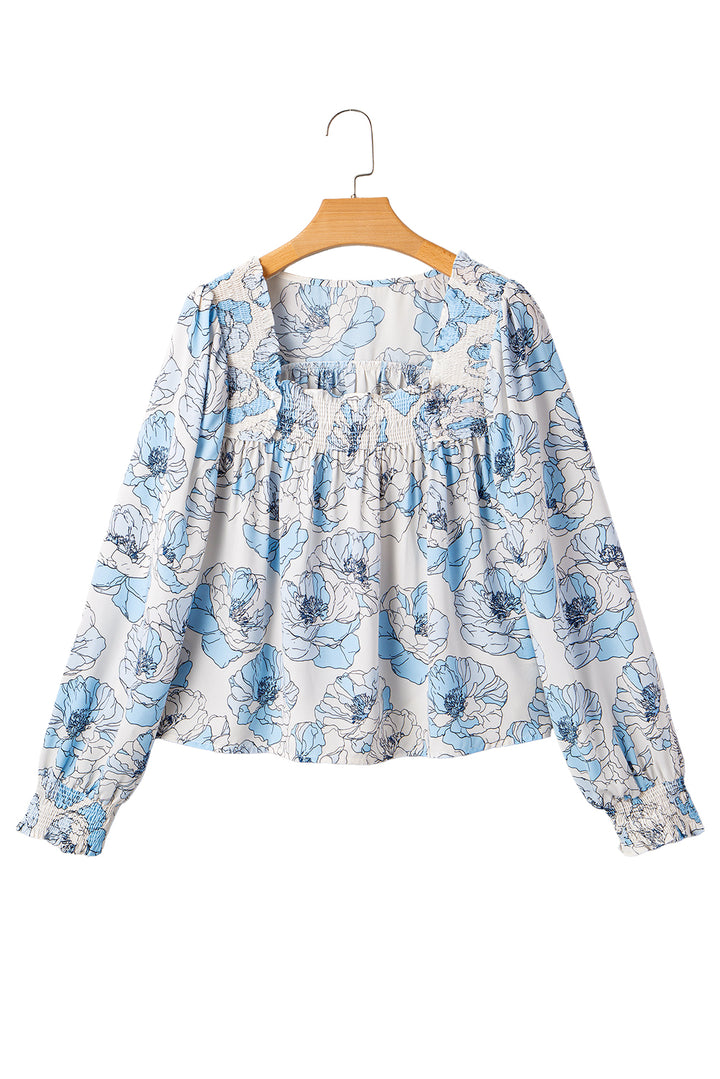 Floral Print Frilly Smocked Square Neck Long Sleeve Blouse