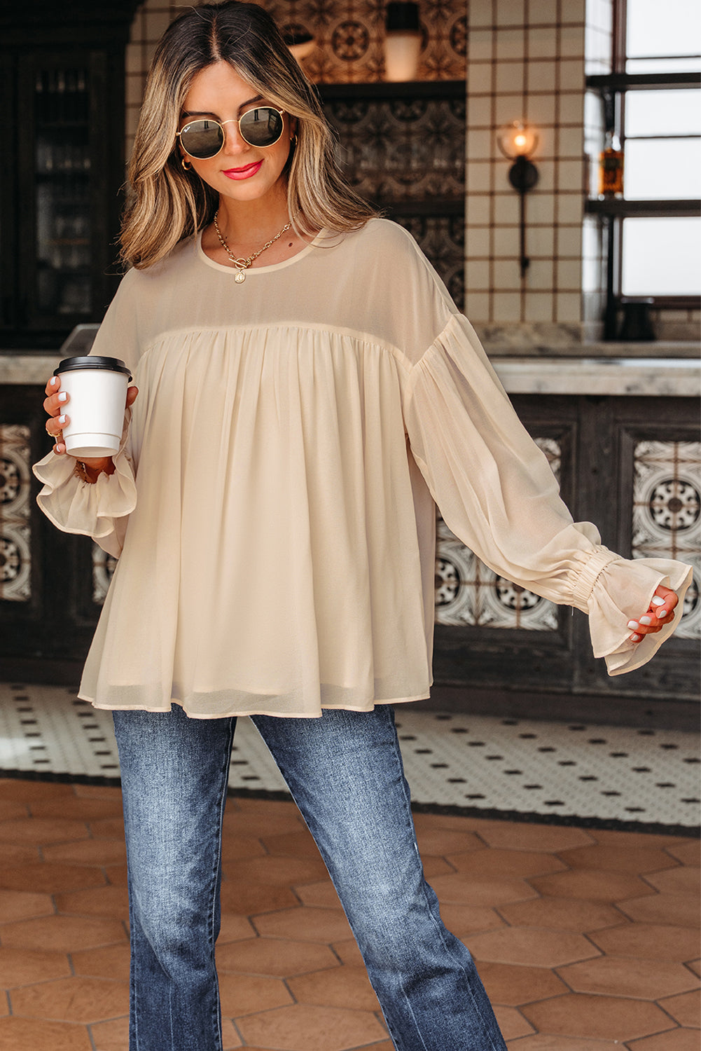 Pleated Ruffle Long Sleeve Chiffon Blouse