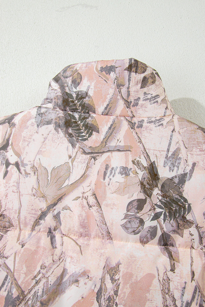 Brown Camo Leaf Print Winter Puffer Vest