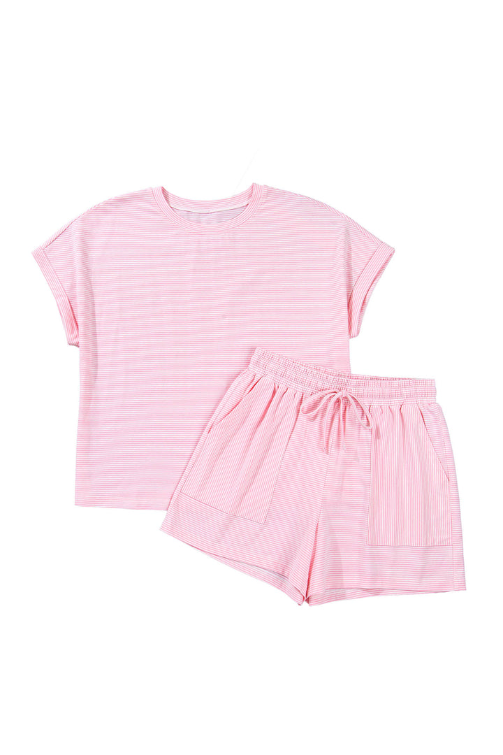 Pink Stripe Matching Oversized Tee and Drawstring Shorts Set