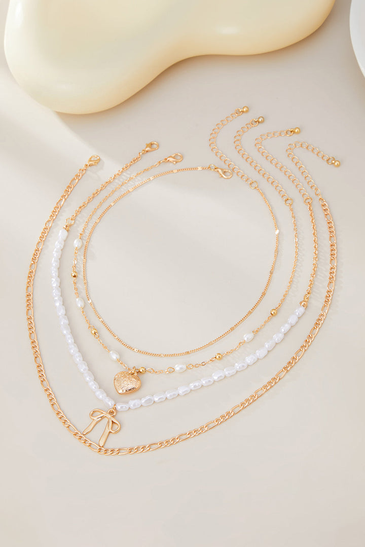Bow Heart Pendant Pearl Chaining Plated Necklace