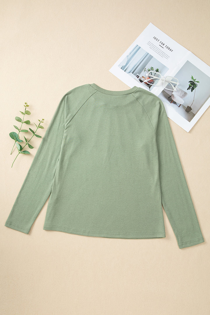 Green Solid Color Seam Detail Raglan Long Sleeve Top