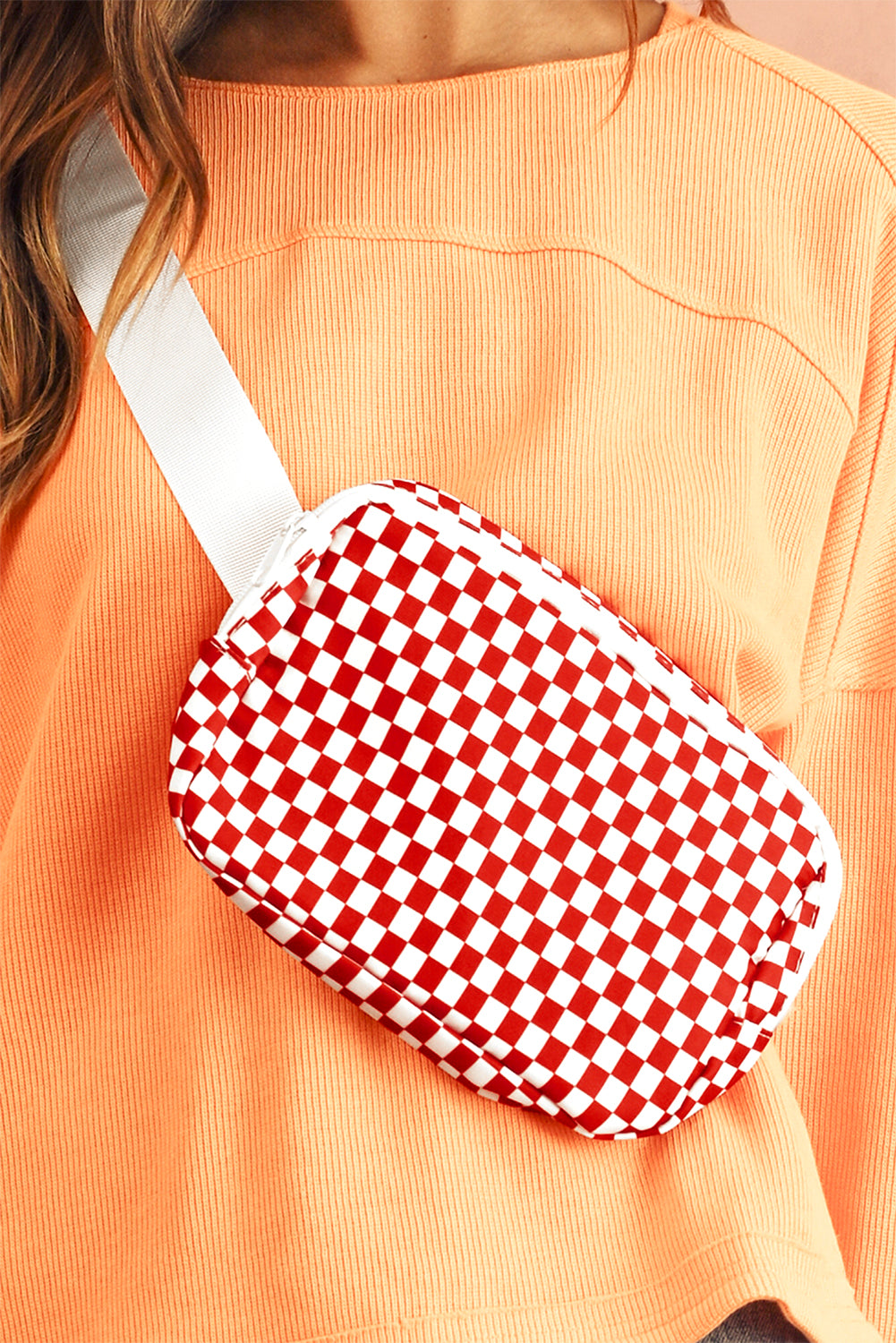 Checkered Print Zipped Buckle Strap Crossbody Bag
