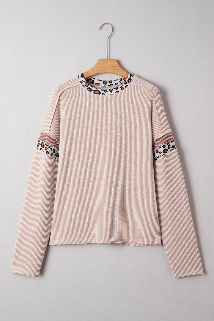Beige Twist Ribbed Leopard Color Block Detail Drop Shoulder Long Sleeve Top