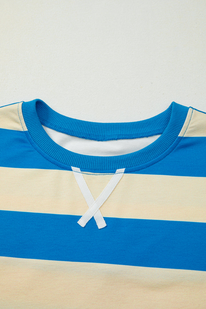 Blue Stripe Floral Color Block Drop Shoulder Plus Size Pullover Top