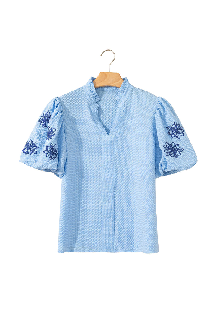 Beau Blue Flower Embroidered Puff Sleeve Split Neck Textured Blouse