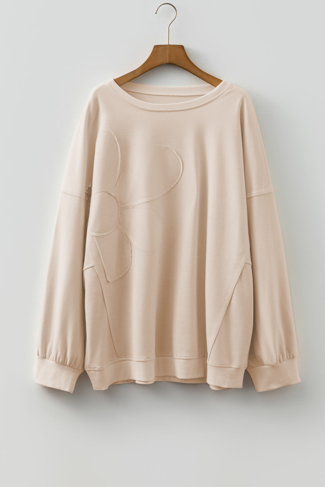 Beige Flower Patched Mineral Wash Round Neck Plus Size Top