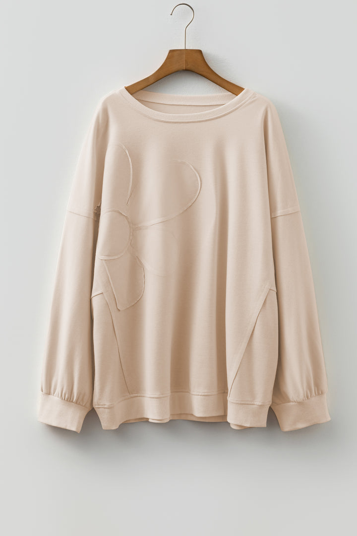 Beige Flower Patched Mineral Wash Round Neck Plus Size Top