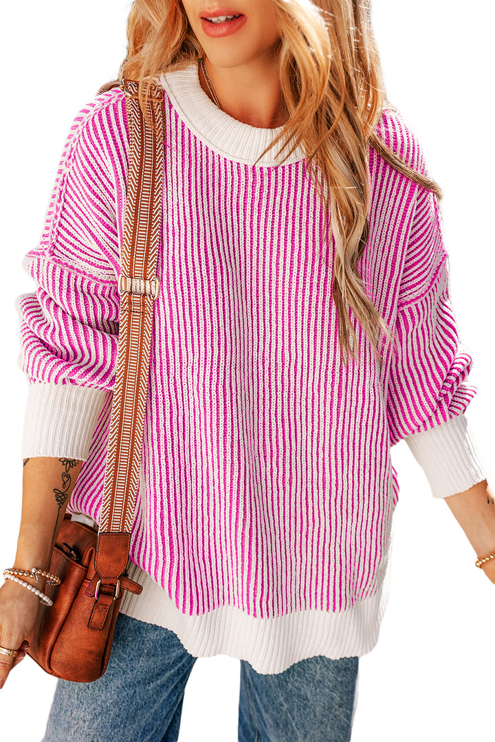 Striped Textured Knit Contrast Edge Loose Sweater