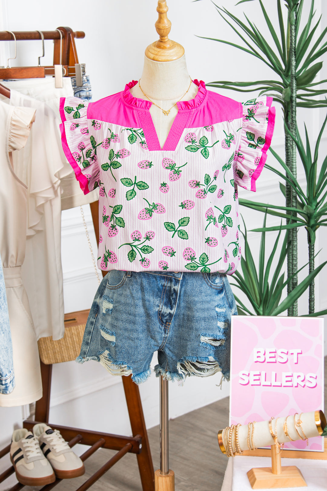 Striped Strawberry Printed Color Block Patchwork V Neck Flutter Sleeve Blouse