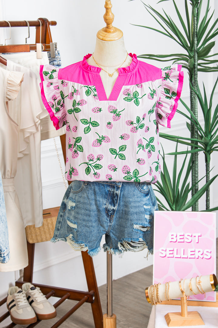 Striped Strawberry Printed Color Block Patchwork V Neck Flutter Sleeve Blouse