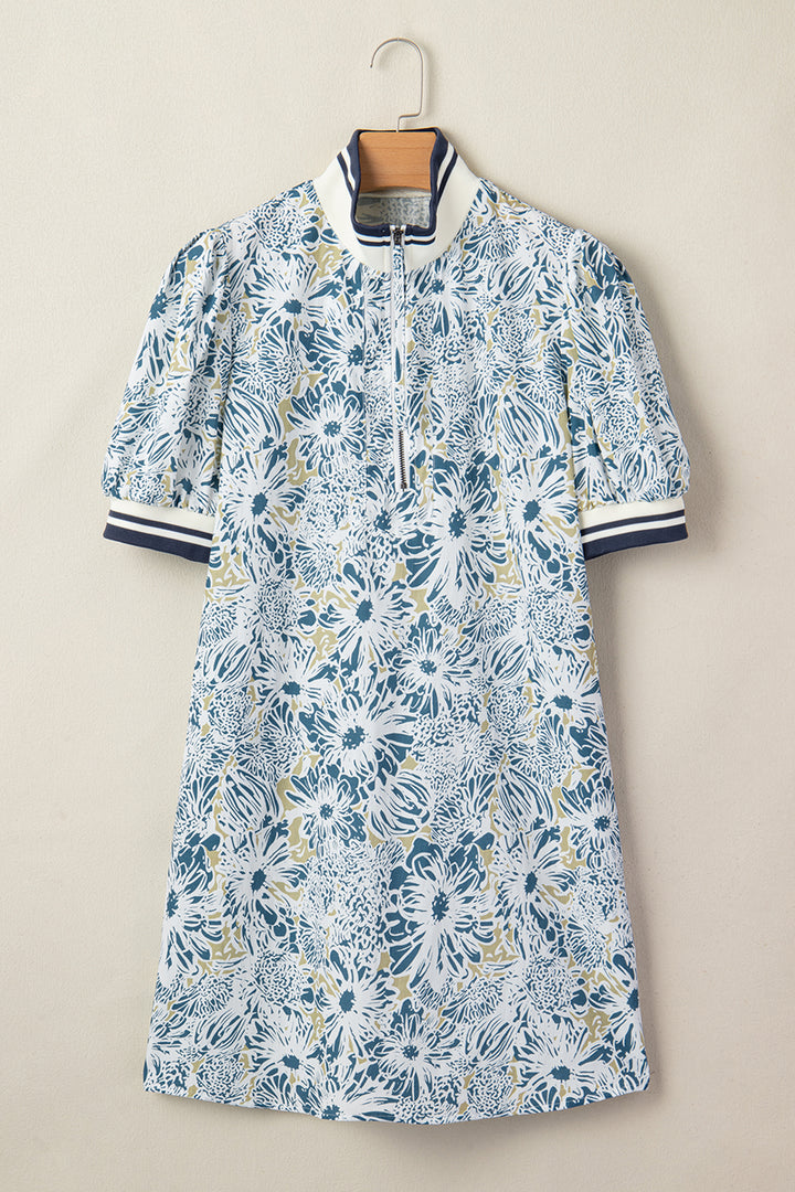 Floral Print Striped Webbing Patchwork Collar Short Sleeve Mini Dress