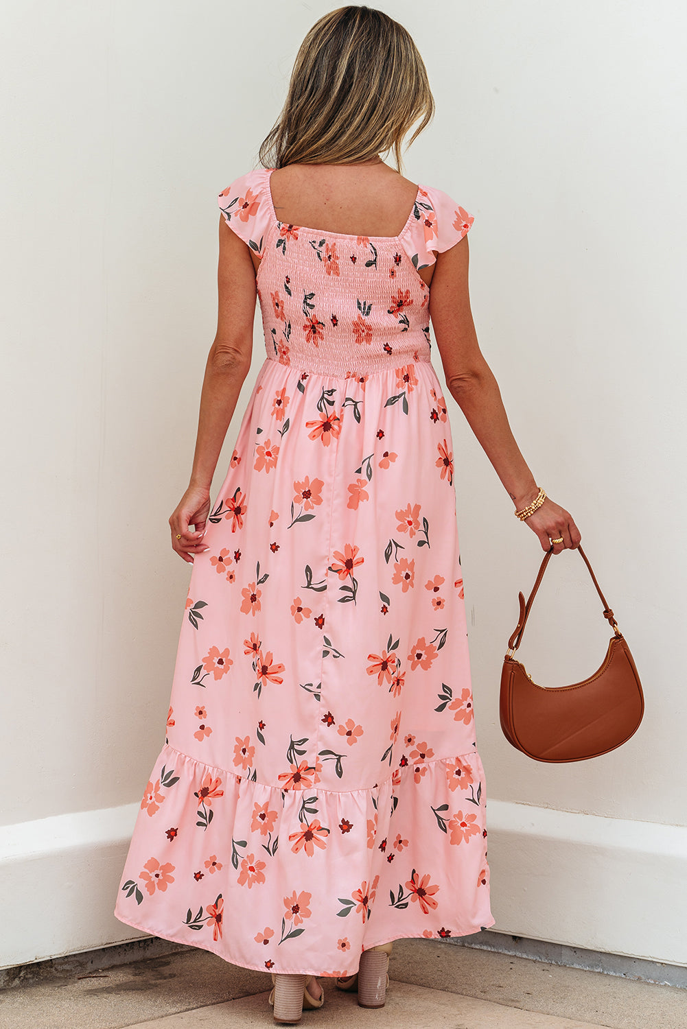 floral v neck smocked high waist ruffle hem long dress