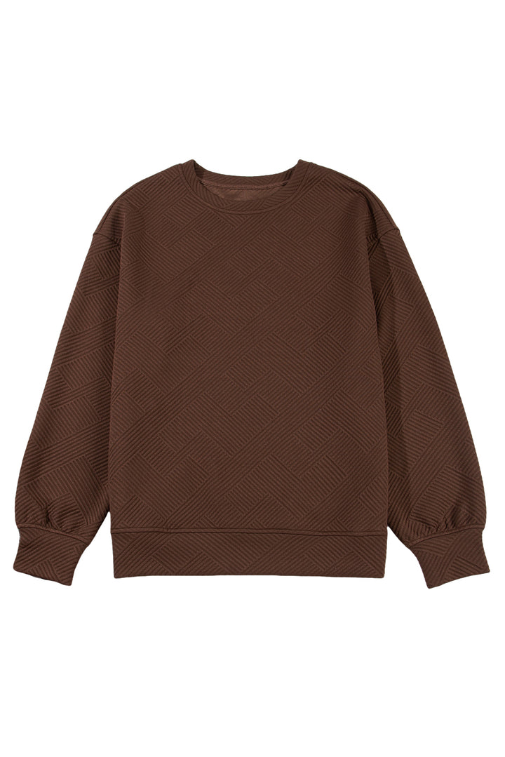 Coffee Solid Color Textured Round Neck Drop Shoulder Pullover Sweatshirt