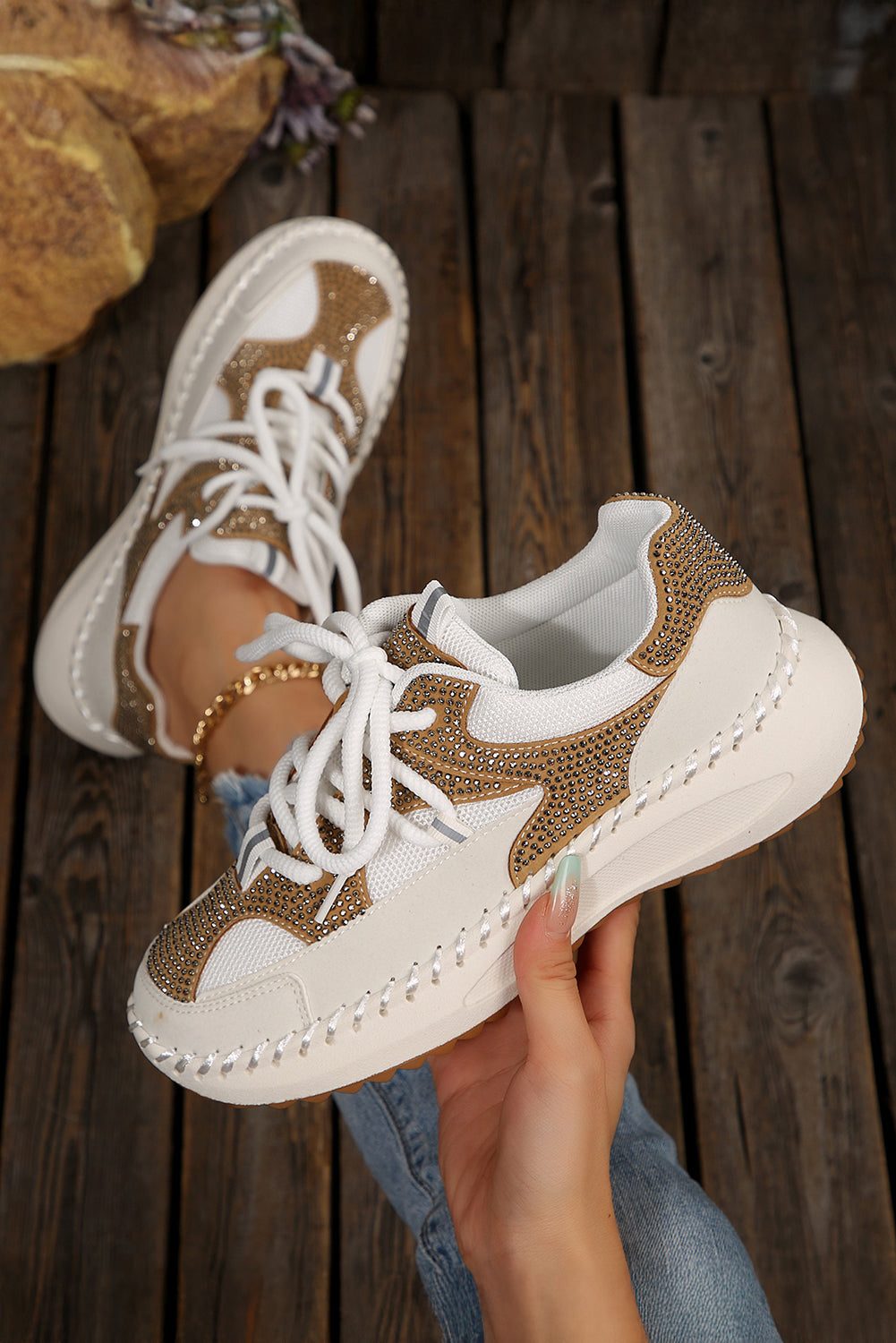 Rhinestone Embellished Color Block Patchwork Lace-up Breathable Sneakers
