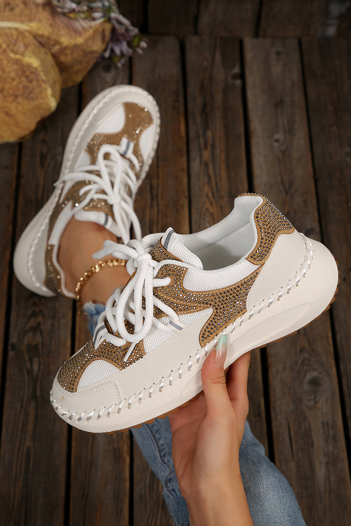 Rhinestone Embellished Color Block Patchwork Lace-up Breathable Sneakers