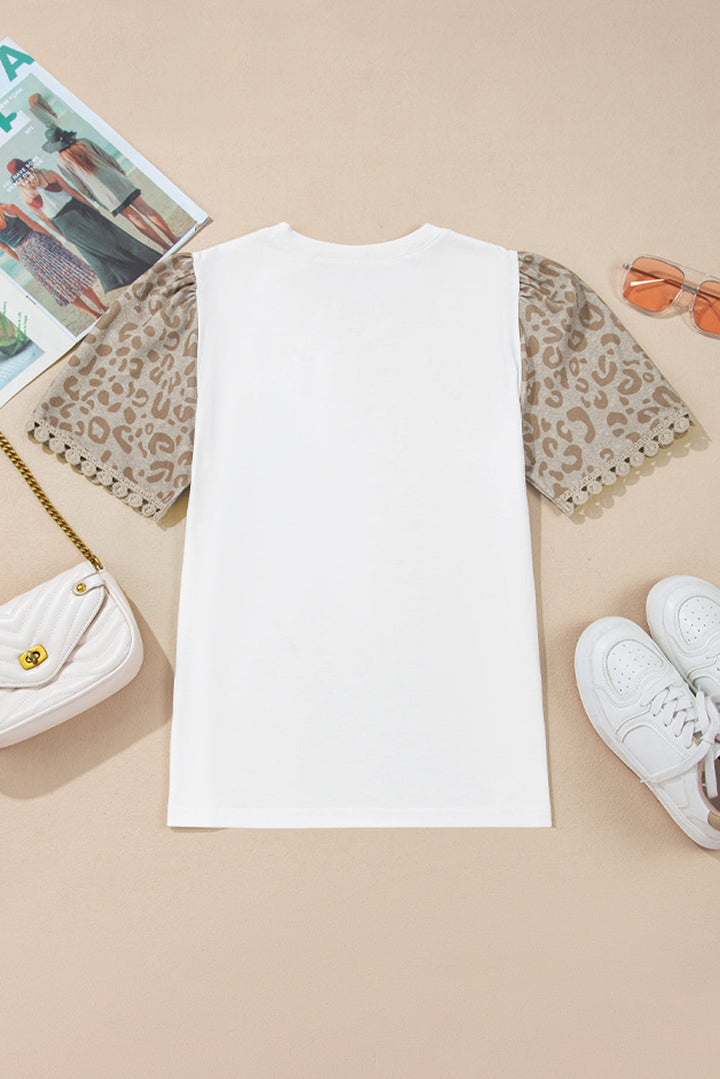 Leopard Patchwork Crochet Lace Trim Puff Sleeve T Shirt
