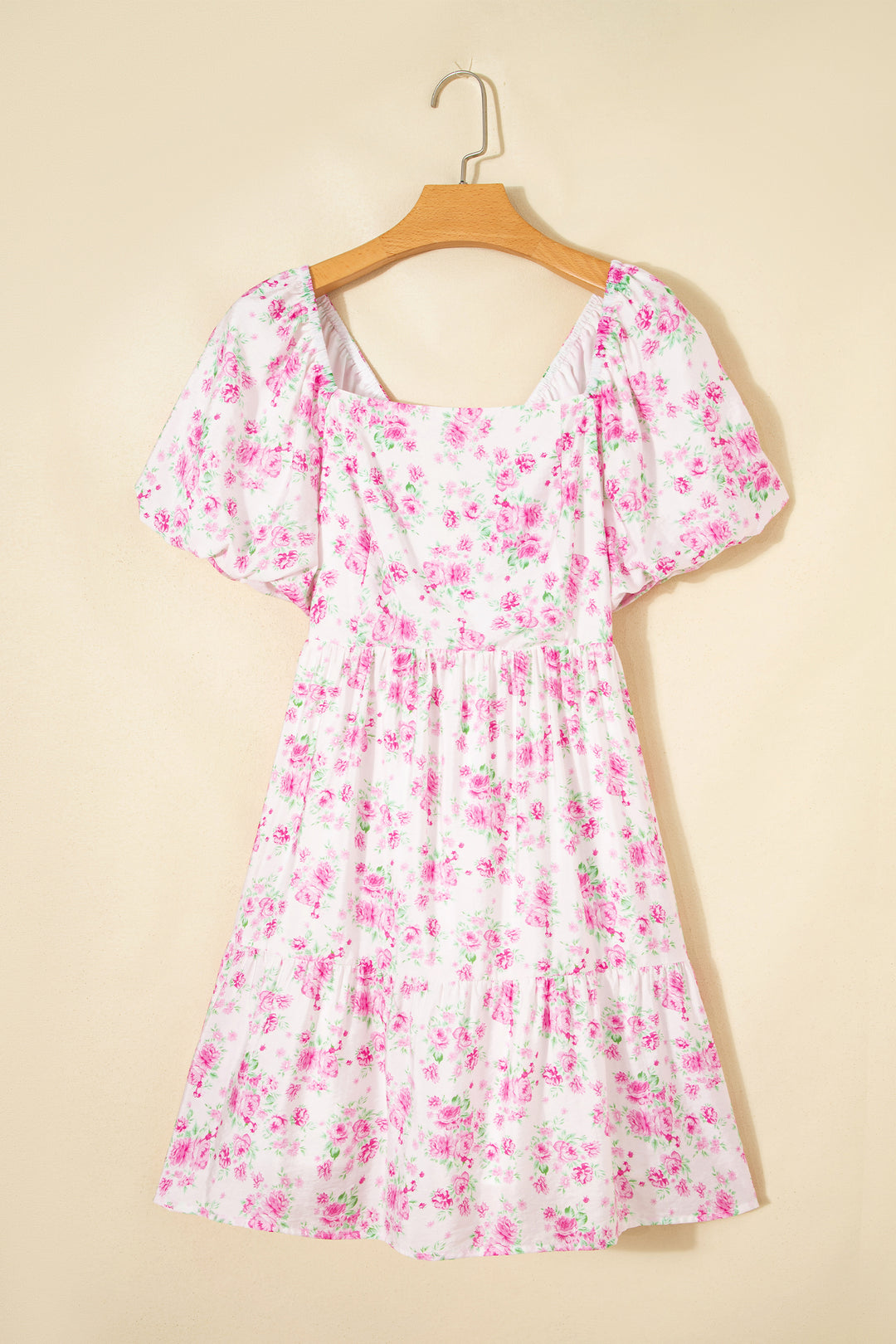 Cute Pink Floral Print Square Neck Ribbon Knot Back Cute Mini Dress