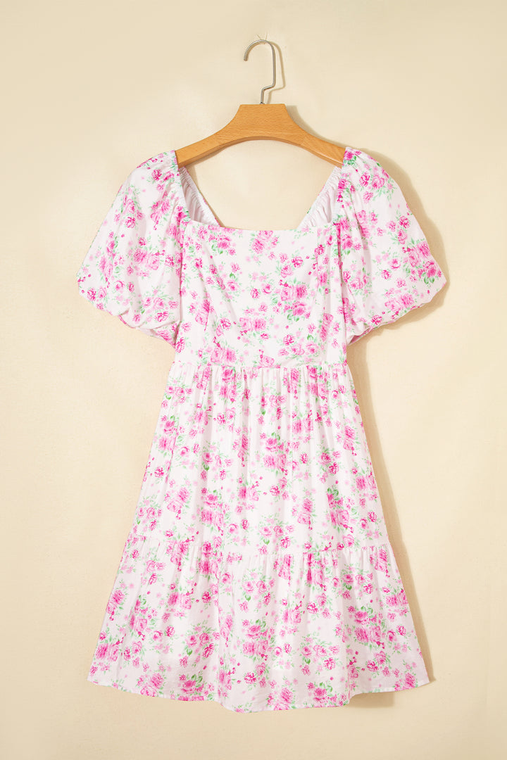 Cute Pink Floral Print Square Neck Ribbon Knot Back Cute Mini Dress