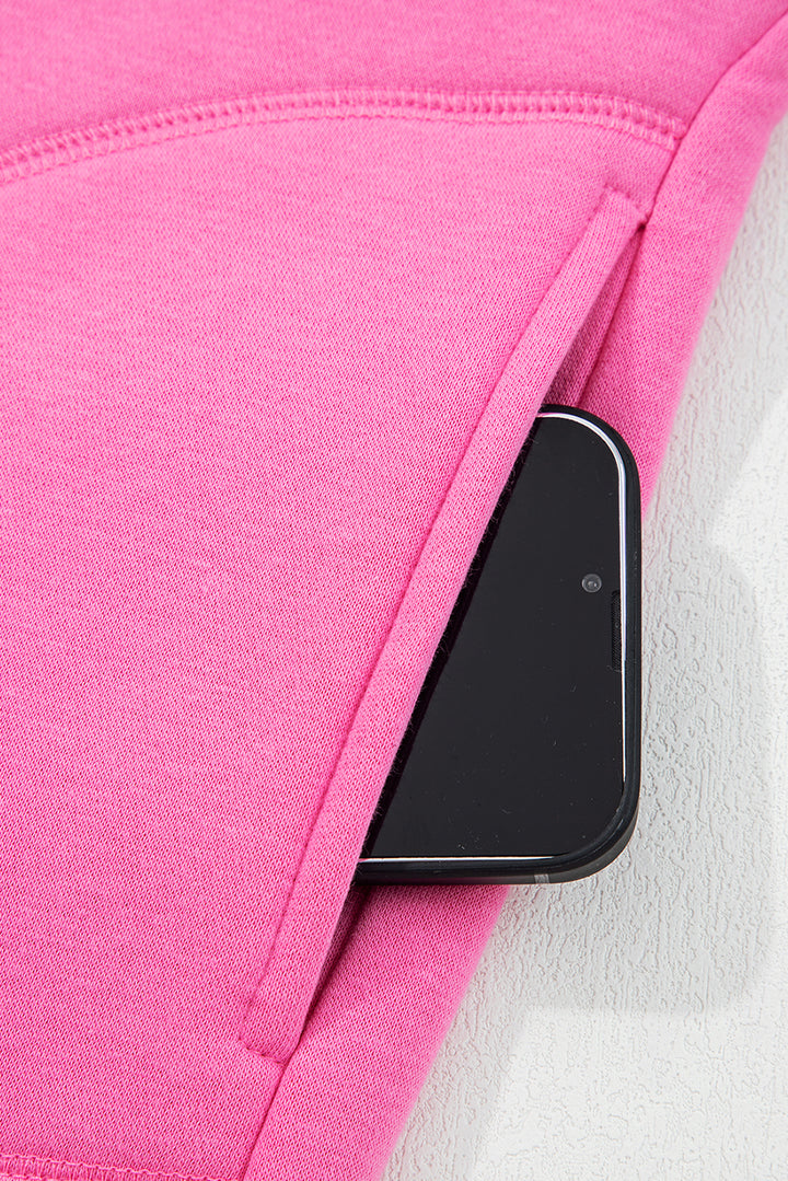 Bright Pink Half Button Stand Neck Drop Shoulder Sweatshirt