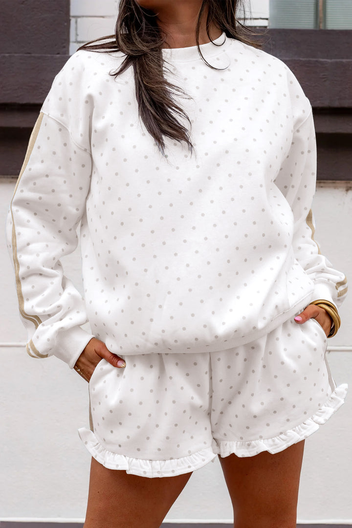 White Polka Dot Print Side Stripe Casual Sweatshirt 2pcs Short Set